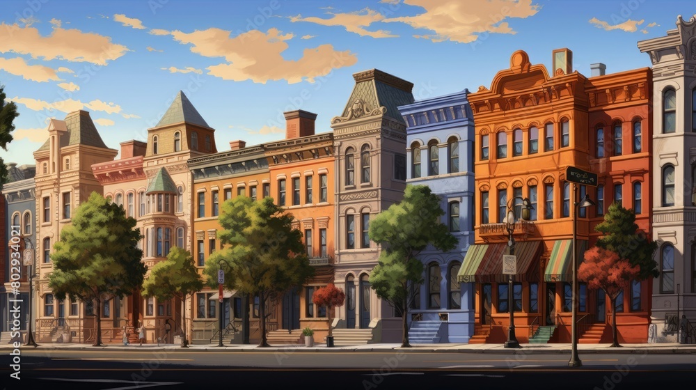 Historic district watercolor illustration - Generative AI. Historic, building, street, blue, sky.