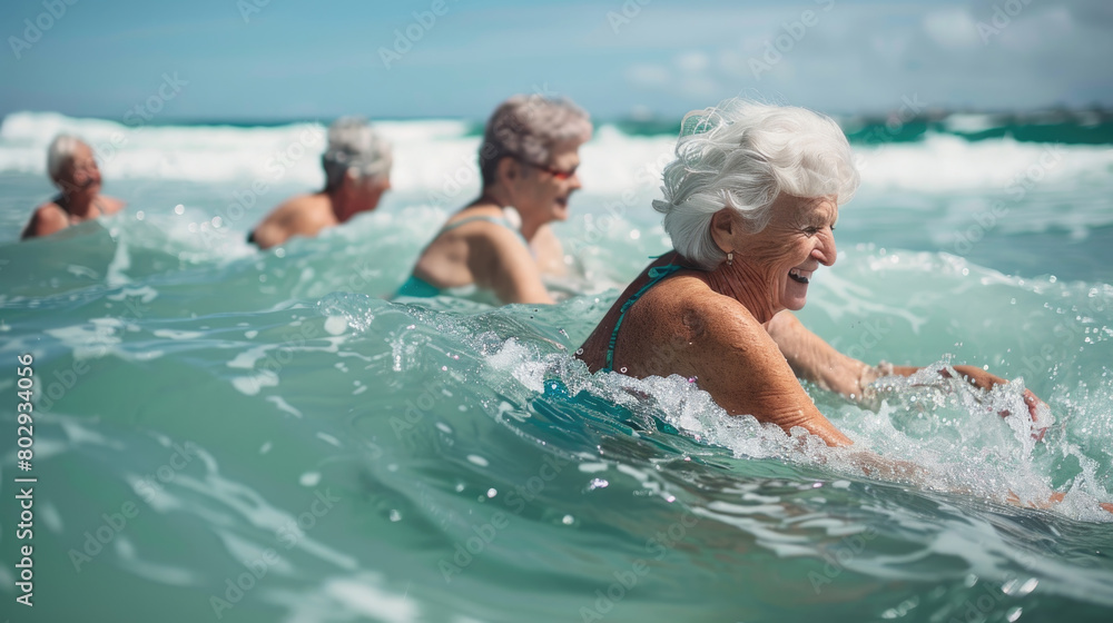 Elderly individuals enjoying a swim together in the ocean on a sunny day