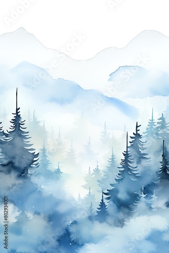 A watercolor background of a blue winter landscape  showing a foggy forest and hill in the quiet of the taiga  perfectly capturing the frozen  misty atmosphere  isolated on white