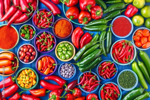 A colorful assortment of fresh chilies, vegetables, and spices laid out in celebration. photo