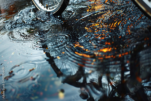 An abstract close-up of a bicycle pedal submerged in a puddle, capturing the mesmerizing interplay of light and water ripples.