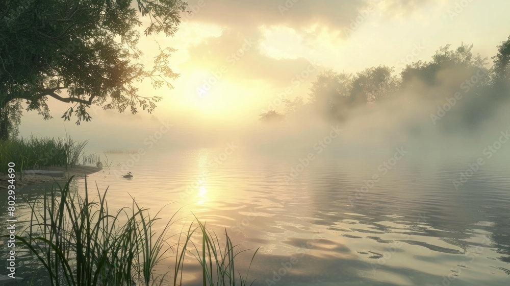 Lake Sunrise. Misty Shore with Morning Haze and Sun Rising over the Water