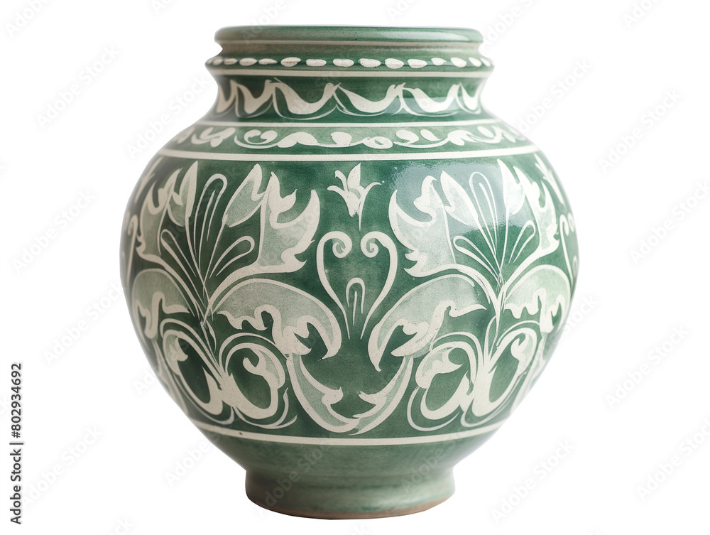 Green and white ceramic vase with intricate floral pattern