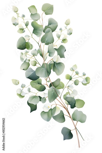 A cartoon interpretation of a watercolor green floral banner, featuring silver dollar eucalyptus, vibrant and isolated on a white background © auc