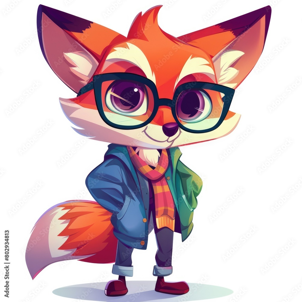 Cartoon Clothes. Colorful Fox Character Wearing Stylish Outfit and Eyeglasses