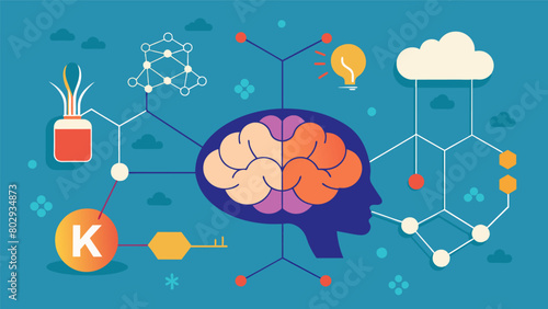 The illustration shows how ketamine molecules inhibit the NMDA receptor altering synaptic plasticity and potentially impacting learning and memory.. photo