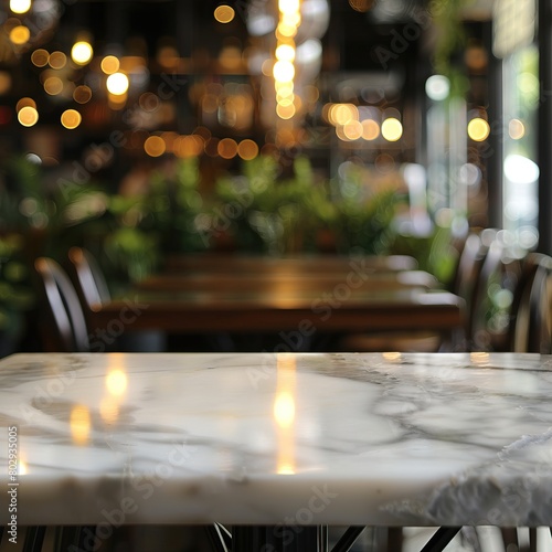 An empty marble table in a restaurant with a blurred background of lights and chairs.