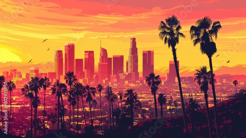 Skyline With Trees. Los Angeles Palm Trees Silhouetted Against Urban Cityscape at Sunset