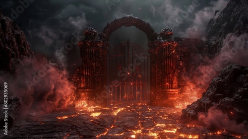 Foreboding gates of a dungeon on a lava podium, featuring a fiery volcanic stone floor, smoke and fire stage set against a backdrop of a dark, rocky mountain