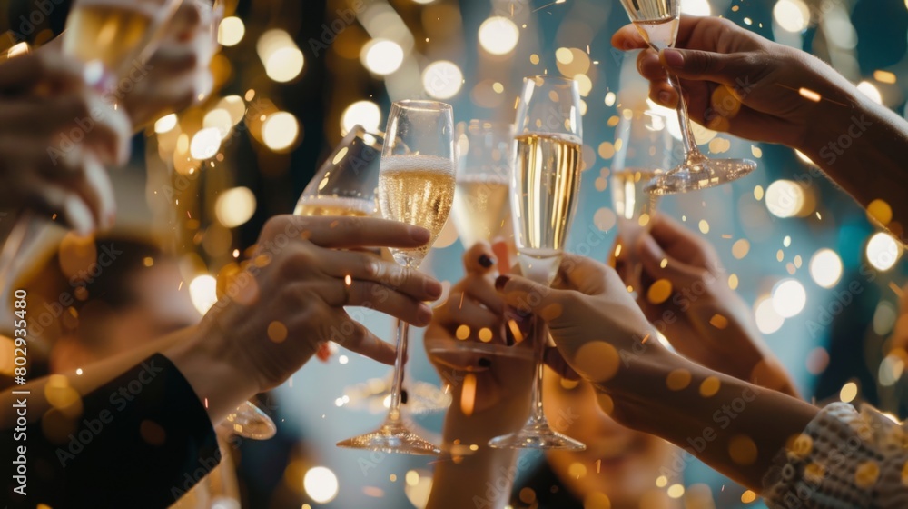 A group of people are raising their champagne glasses in a toast, their fingers delicately wrapped around the stemware as they celebrate and have fun A group of people are raising their champagne glasses in a toast, their fingers delicately wrapped around the stemware as they celebrate and have fun