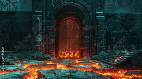 Dramatic view of dungeon gates with a vivid lava floor, showcasing rich volcanic textures, creating a hellish and forbidding atmosphere photo