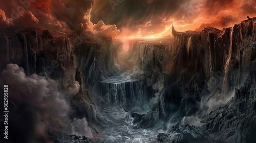 Dramatic portrayal of hell s gates at the bottom of a deep chasm  encircled by jagged rocks and an eerie atmosphere  true to mythical descriptions