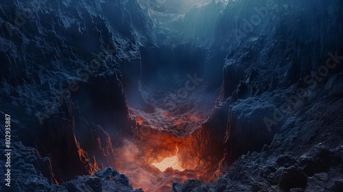 Dramatic portrayal of hell's gates at the bottom of a deep chasm, encircled by jagged rocks and an eerie atmosphere, true to mythical descriptions