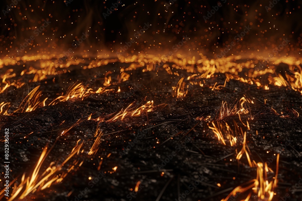 Glowing embers on scorched earth light up the darkness with their subtle fiery dance. Glowing embers on scorched earth light up the darkness with their subtle fiery dance.