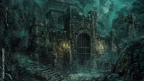 Dark and mysterious dungeon gates, guarded by mythical monsters and booby traps, an intimidating challenge for treasure-seeking adventurers photo