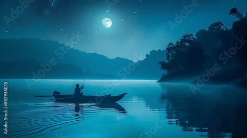 Scene depicting a man fishing in a rowboat on a tranquil lake under the full moon.