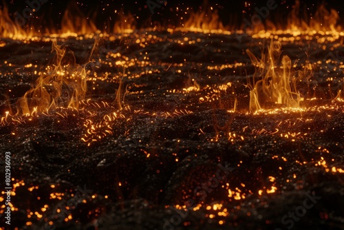 Glowing embers and flames flicker over a darkened terrain, encapsulating the raw energy of fire.