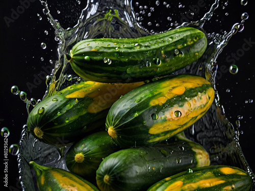 A bunch of ripe cucumbers  with water droplets
