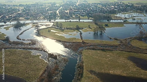 Aerial view of the spring backwaters of the Narew River in Tykocin in podlasie on a sunny day.