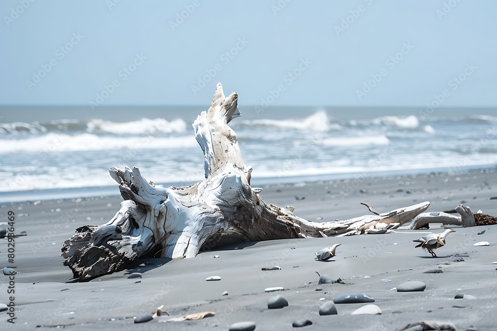 Sun-bleached driftwood on a hot summer beach
