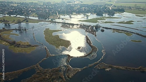 Aerial view of the spring backwaters of the Narew River in Tykocin in podlasie on a sunny day.