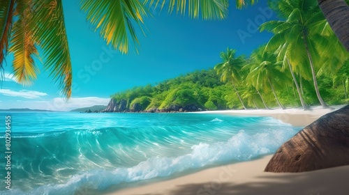 Beautiful sunny beach, tropical island with palm trees, turquoise water and bright blue sky. Summer vacation concept. Sea sandy coast. Outdoor background. Ocean shore. © vlntn