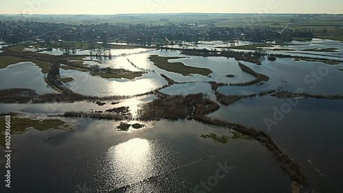 Aerial view of the spring backwaters of the Narew River in Tykocin in podlasie on a sunny day.