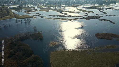 Aerial view of the spring backwaters of the Narew River in Tykocin in podlasie on a sunny day.
