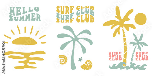 Retro Groovy Surf Club in trendy Boho style. Naive Geometric Summer Palm Tree. Simple background of sun sea. Retro Summer Beach Hand Drawn isolated illustration. Vintage Surf Club. Vector illustration