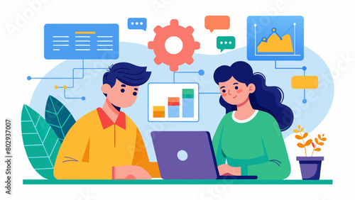 Two team members with ADHD and dyscalculia pair up to use their unique strengths in problemsolving and numerical reasoning to fulfill a complex data. Vector illustration