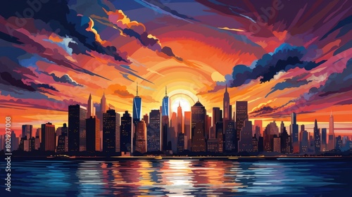 Skyline silhouettes watercolor illustration - Generative AI. Red  sunset  skyscraper  reflection  water.