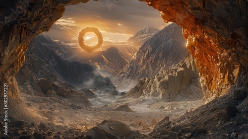 Cinematic image of hell's gates, hidden in a secluded cave beyond rugged terrain and deep valleys, capturing the essence of mythical entrances photo