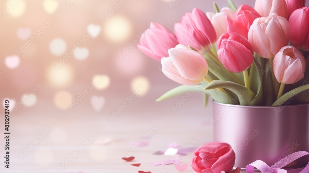 Fototapeta premium Bouquet of colorful tulips on blurred background.