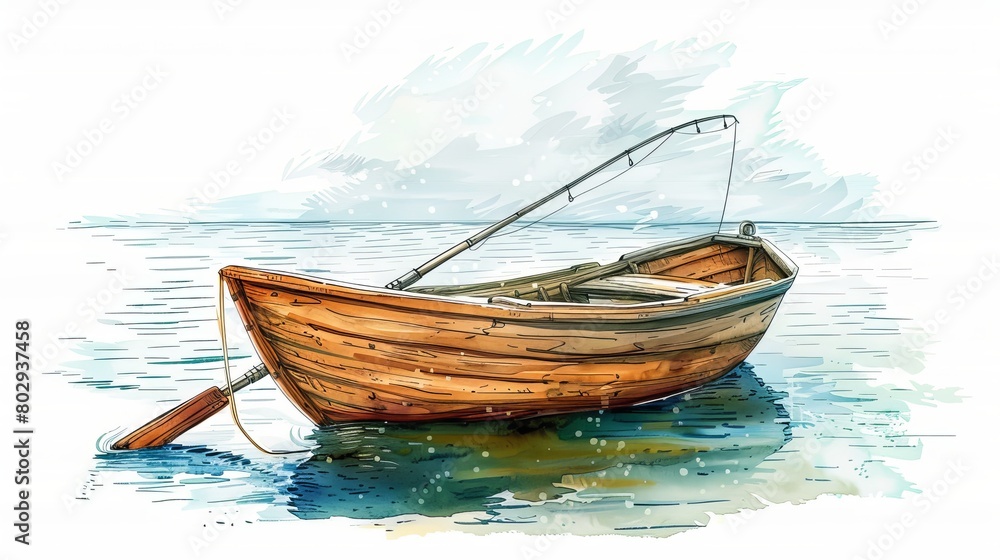Sketch vector graphic colored drawing of a wooden boat with a fishing rod inside, floating on water.