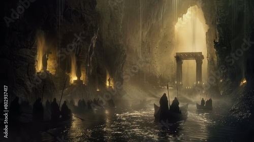 A chilling scene at the gates of dungeons, guarded by Charon, the mythological ferryman, as souls prepare to cross the dark, misty river Styx into hell photo