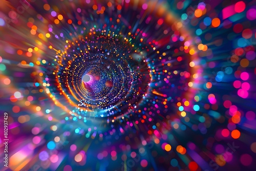 Swirling vortex of multicolored light particles.