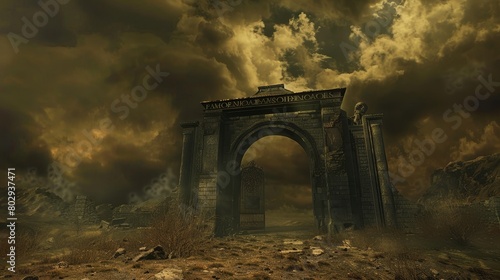 A chilling scene at the entrance of Dante's infernal gates, with the infamous warning inscribed boldly, under a sky clouded by despair and darkness photo