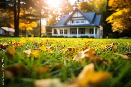 Autumn leaves on the grass in front of a house. © vlntn