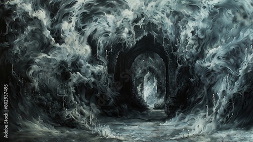 Artistic interpretation of the gates to hell from Dante's Divine Comedy, capturing the despair with smoke swirling around the cursed inscription photo
