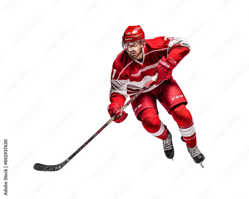 Fototapeta premium Intense hockey player in red mid-action on a white background, displaying focus and athletic skill. Generative AI