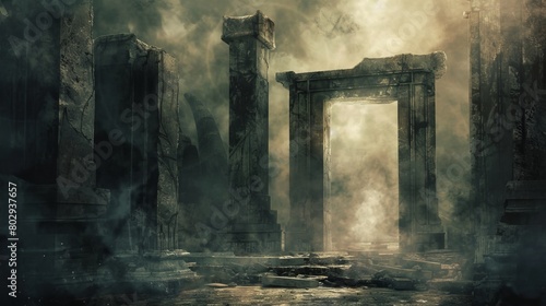 Ancient stone gates marred with the scars of time, opening into a realm where light fades into the eternal darkness of hell, a vision of ultimate despair photo