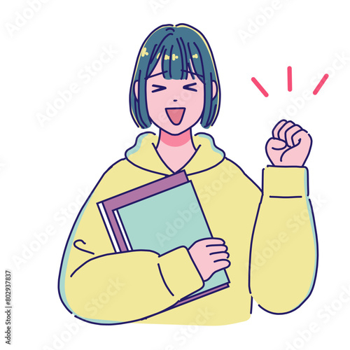 本を持つアニメ風の女子学生