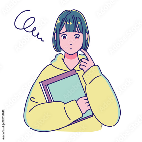 本を持つアニメ風の女子学生