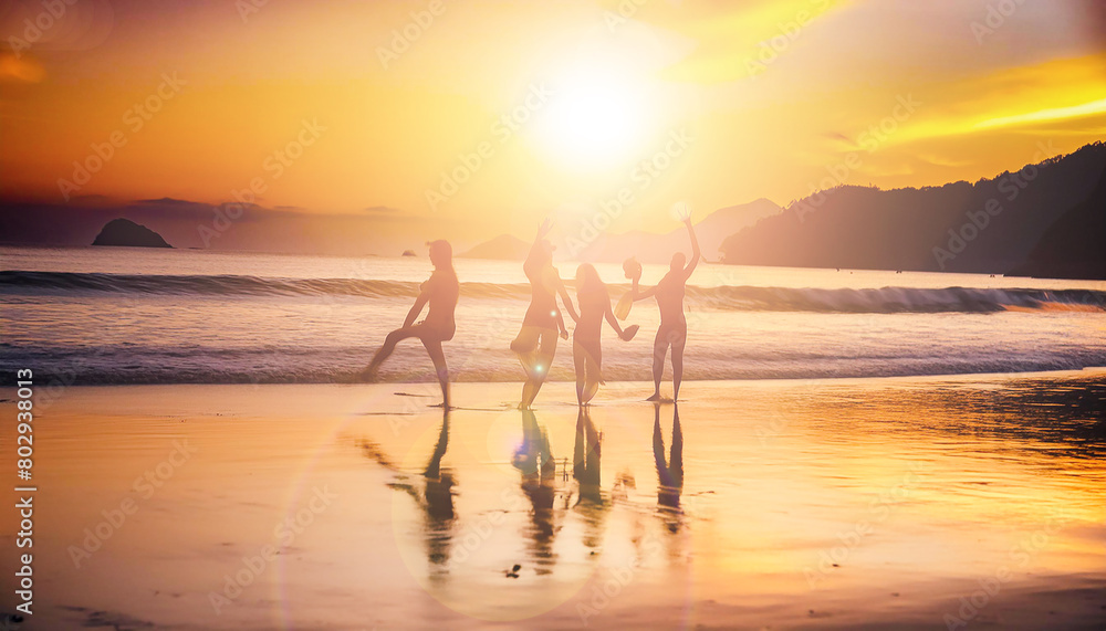 Fototapeta premium 海水浴を楽しむ人と夕日をモチーフにしたグラフィック素材