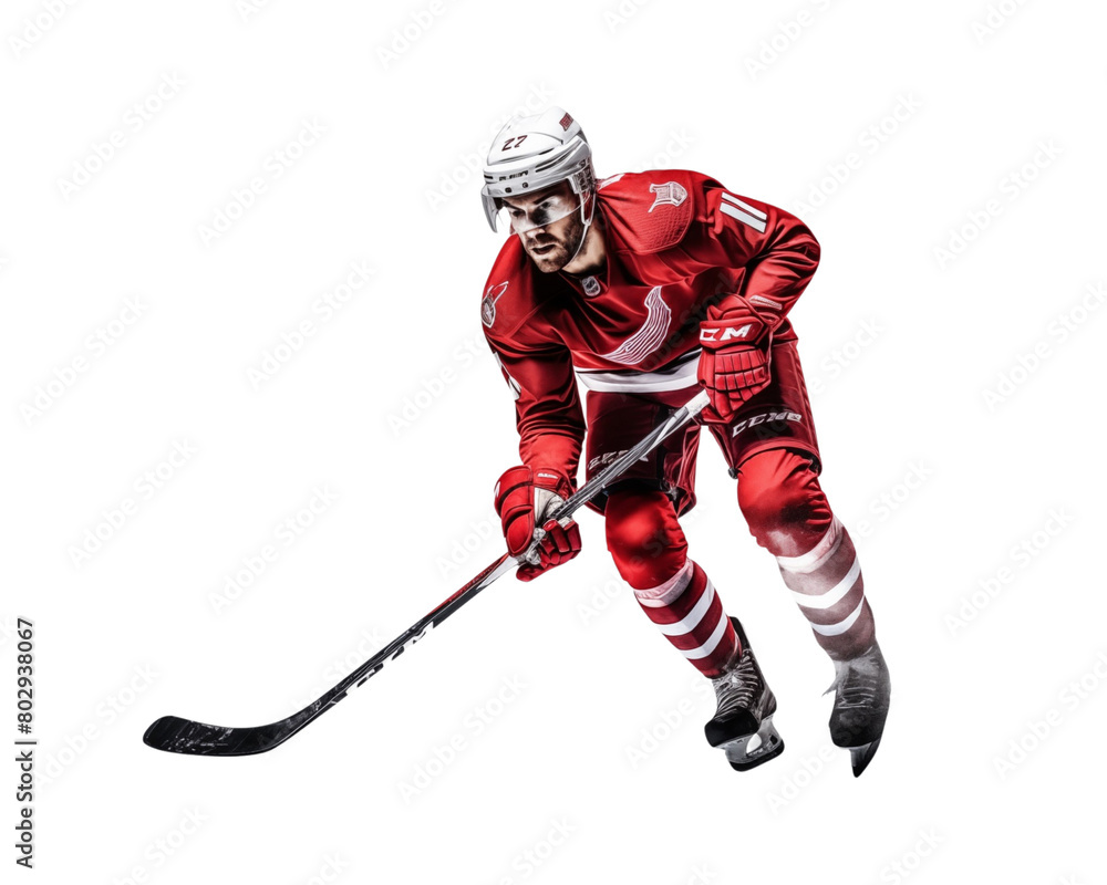 Fototapeta premium Intense hockey player in red mid-action on a white background, displaying focus and athletic skill. Generative AI