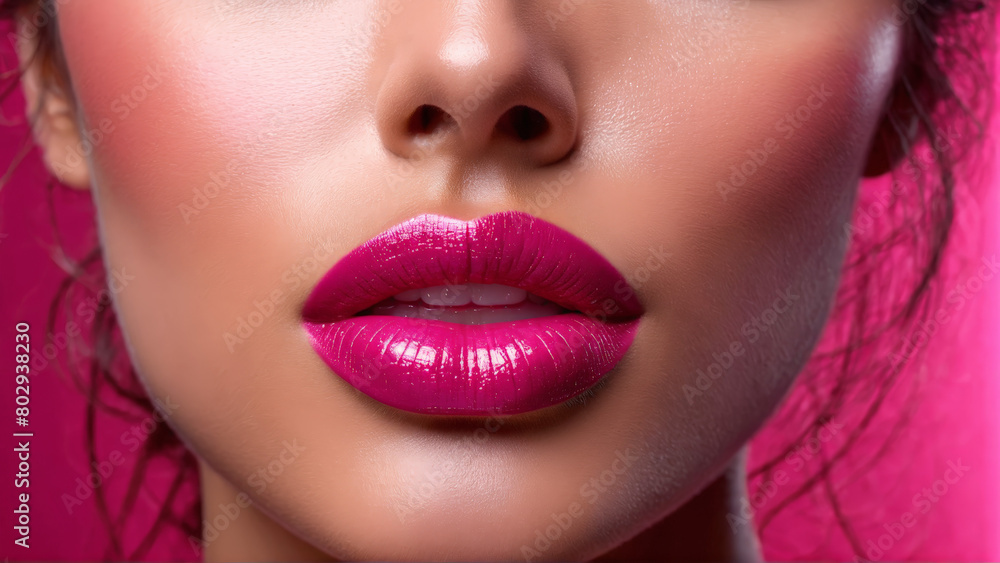 Juicy lipped woman with plumping lip gloss voluminous shine hydrating swirls blurred raspberry backdrop Closeup Juicy lipped woman with plumping lip gloss voluminous shine hydrating swirls blurred raspberry backdrop Closeup
