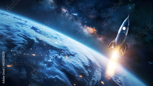 Ascending Beyond Earth: Rocket Symbolizes Human Expansion to New Worlds
