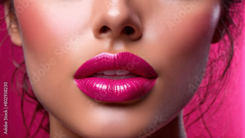 Juicy lipped woman with plumping lip gloss voluminous shine hydrating swirls blurred raspberry backdrop Closeup