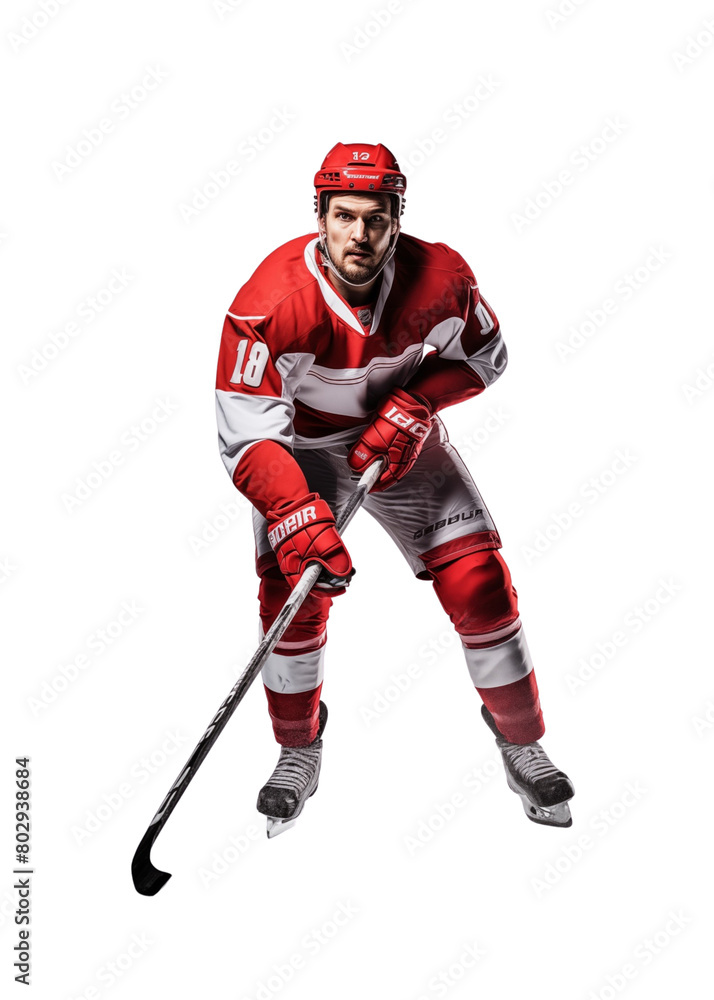 Intense hockey player in red mid-action on a white background, displaying focus and athletic skill. Generative AI Intense hockey player in red mid-action on a white background, displaying focus and athletic skill. Generative AI