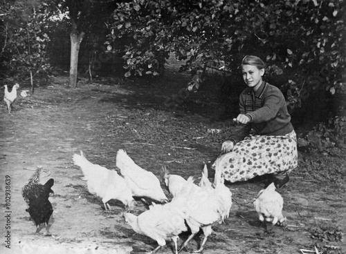 Vintage photo of a young girl feeding hens and roosters. USSR, 1961.